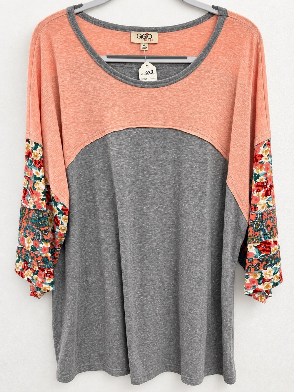GiGio Plus Peach and Gray Colorblock Blouse with Floral Sleeves